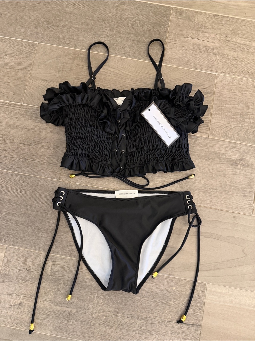 Goodnight Macaroon Smocked Ruffle Black Bikini Set, Sz L NWT